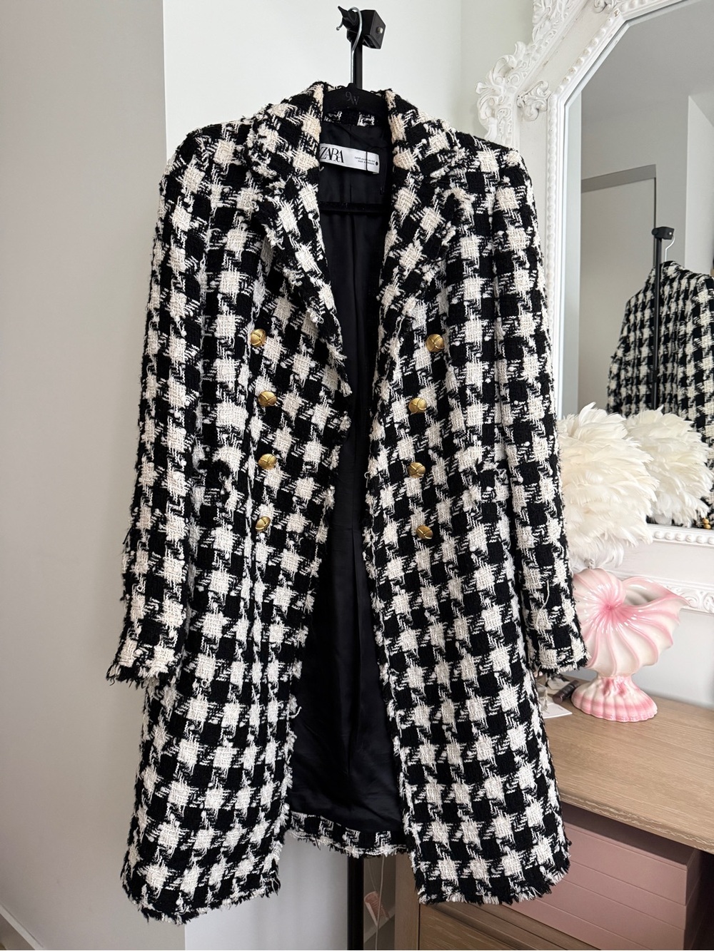 Zara Black & White Houndstooth Tweed Pea Coat with Gold Buttons